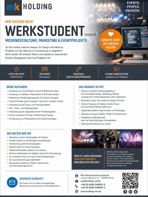 Wir suchen Dich !
Gerne auch als als Praktikum / Pflichtpraktika im Studium!
Oder einfach als Teilzeitjob neben Deiner Ausbildung oder Beruf !
