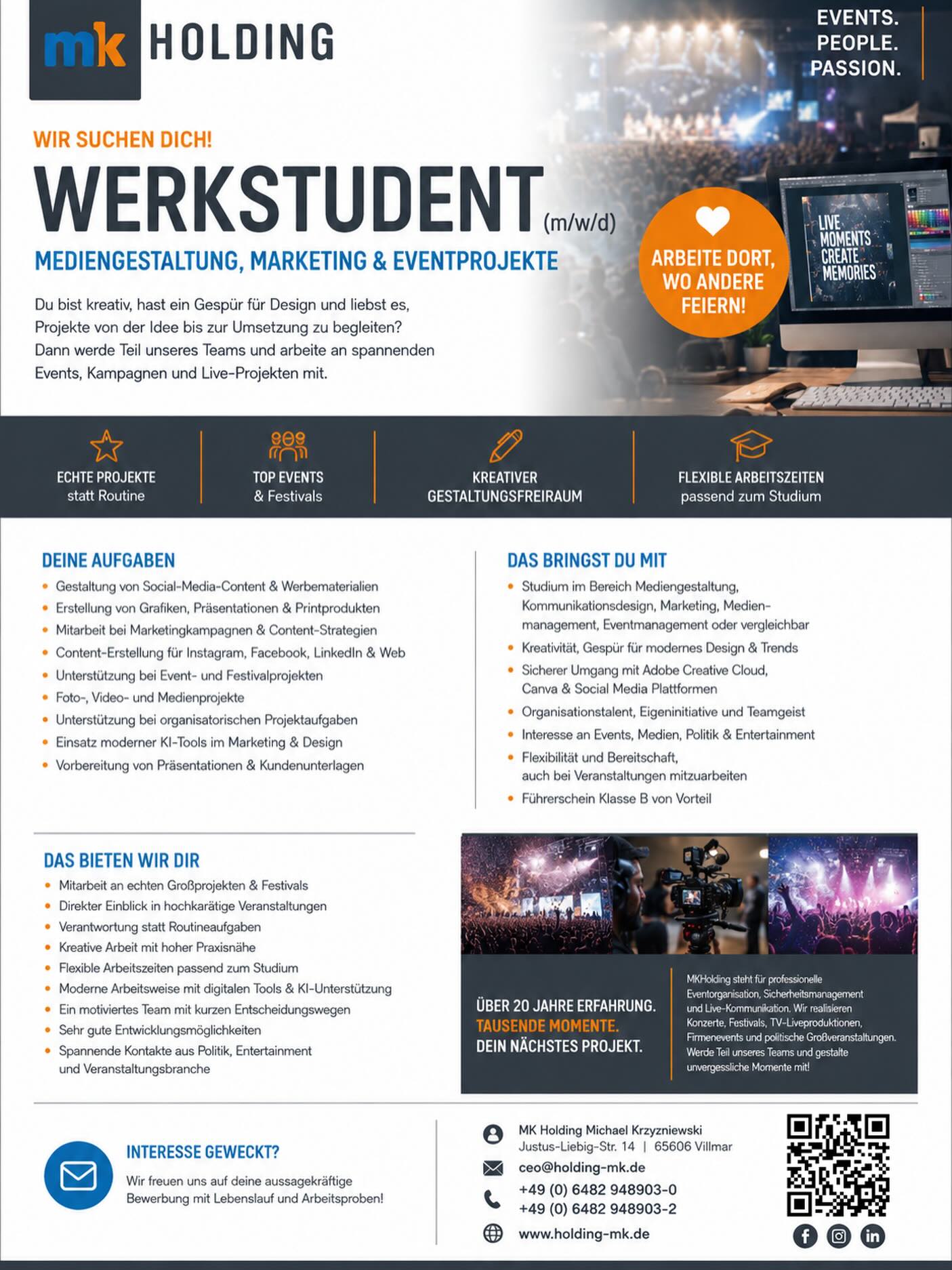Wir suchen Dich !
Gerne auch als als Praktikum / Pflichtpraktika im Studium!
Oder einfach als Teilzeitjob neben Deiner Ausbildung oder Beruf !