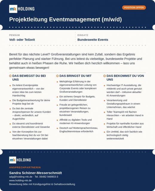 Wir wachsen – und suchen dich! 🧡💙
📌 Projektleitung Eventmanagement
📌 Projektassistenz Eventmanagement
Kongresse, Firmenfeiern, Public Events, Konzerte – bei uns wird aus Planung Erlebnis. Ob mit Verantwortung für ganze Projekte oder als starke Unterstützung im Team: Wir freuen uns auf dich.
Alle Details findest du in den Bildern ⬆️
Bewerbung per Mail an adg@holding-mk.de
#JobsImEvent #Eventmanagement #Eventagentur #Karriere #WirStellenEin #MKHolding #Projektleitung #Projektassistenz #Veranstaltungsplanung #TeamEvent
