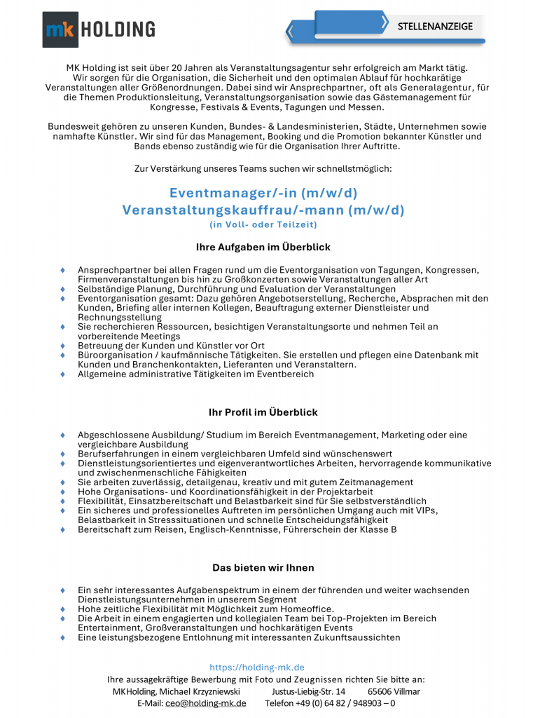 Stellenanzeige EventmanagerIn